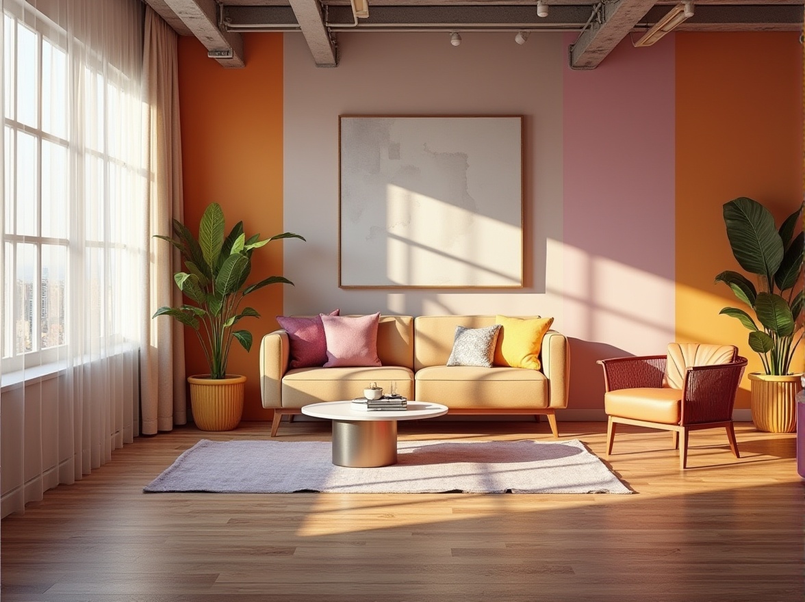 Prompt: Vibrant modern interior, trendy color scheme, pastel hues, bold accents, minimalistic backdrop, sleek furniture, metallic decorations, urban loft atmosphere, natural light pouring in, sheer curtains, polished wood flooring, geometric patterns, abstract artwork, moody shadows, warm ambient lighting, 3/4 composition, shallow depth of field, realistic textures.