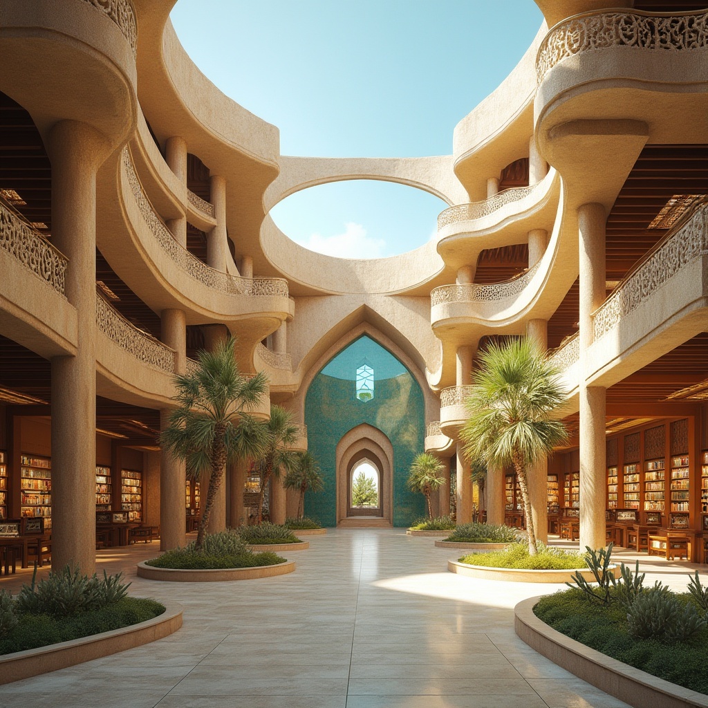 Prompt: \Majestic desert library, curved sandstone facade, intricate Islamic patterns, vibrant turquoise accents, cantilevered roofs, natural ventilation systems, clerestory windows, soft warm lighting, comfortable reading nooks, wooden shelves, ancient manuscript displays, cactus gardens, hot sunny day, clear blue sky, vast open space, modern minimalist architecture, sustainable energy solutions, solar panels, shaded outdoor spaces, misting systems, Arabic-inspired textiles, geometric motifs, panoramic view, realistic textures, ambient occlusion.\