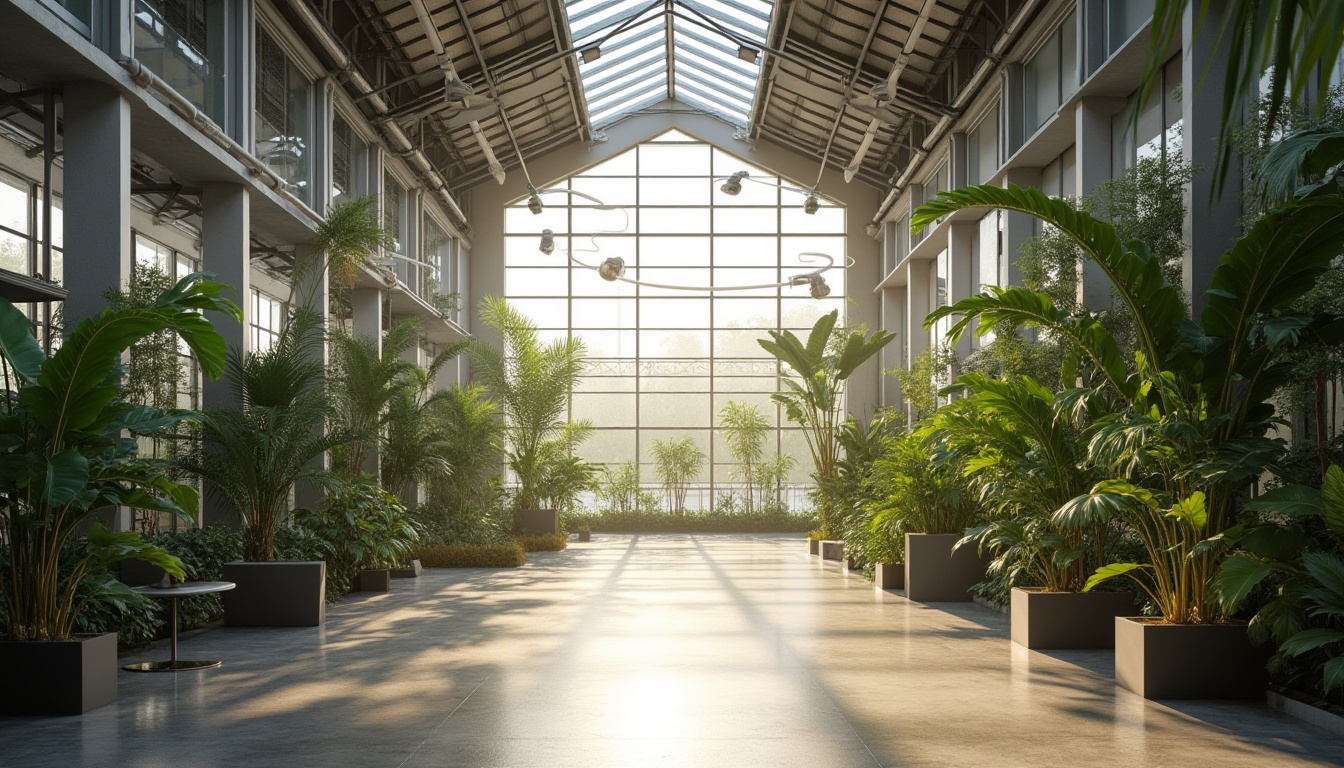 Prompt: Spacious atrium, high ceilings, natural light pouring in, clerestory windows, large fans, suspended ceiling vents, air purification systems, misting nozzles, evaporative cooling, radiant floor heating, acoustic panels, sound-absorbing materials, open layout, minimalist decor, sleek metal beams, polished concrete floors, lush green walls, living trees, vibrant tropical plants, warm ambiance, soft diffused lighting, 1/1 composition, shallow depth of field, realistic reflections.