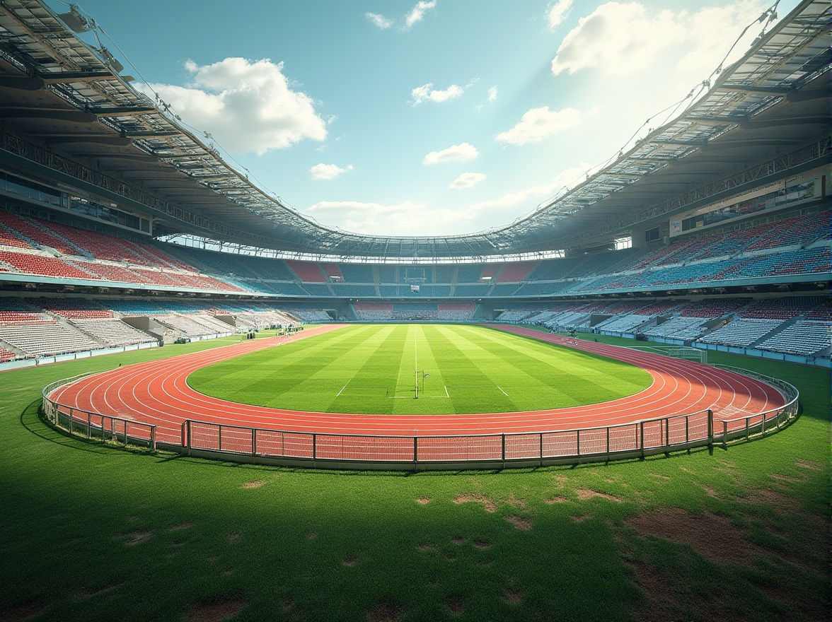 Prompt: Undulating sports track, sweeping curves, dynamic athletic facilities, vibrant green turf, stadium seating, cantilevered roofs, modernist architecture, angular lines, bold color schemes, metallic cladding, translucent canopies, atmospheric lighting, shallow depth of field, 1/1 composition, panoramic view, realistic textures, ambient occlusion.