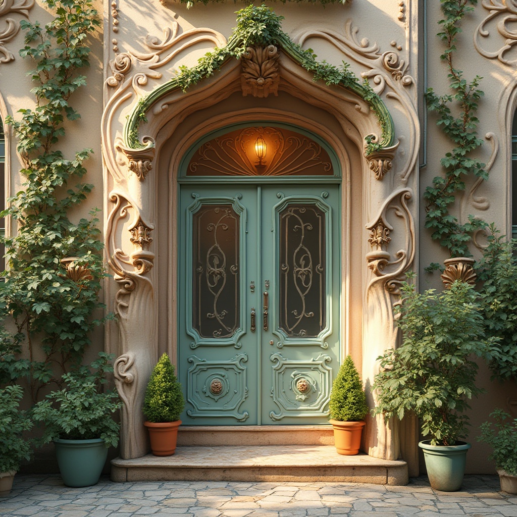 Prompt: \Ornate Art Nouveau building facade, flowing organic lines, sinuous curves, botanical motifs, intricate ironwork, ornamental stonework, pastel hues, soft peach tones, muted greens, blues, and yellows, warm golden lighting, subtle texture, high-contrast shading, detailed illustrations, whimsical patterns, romantic ambiance, 1/2 composition, atmospheric perspective, dreamy focus, soft bokeh effect.\