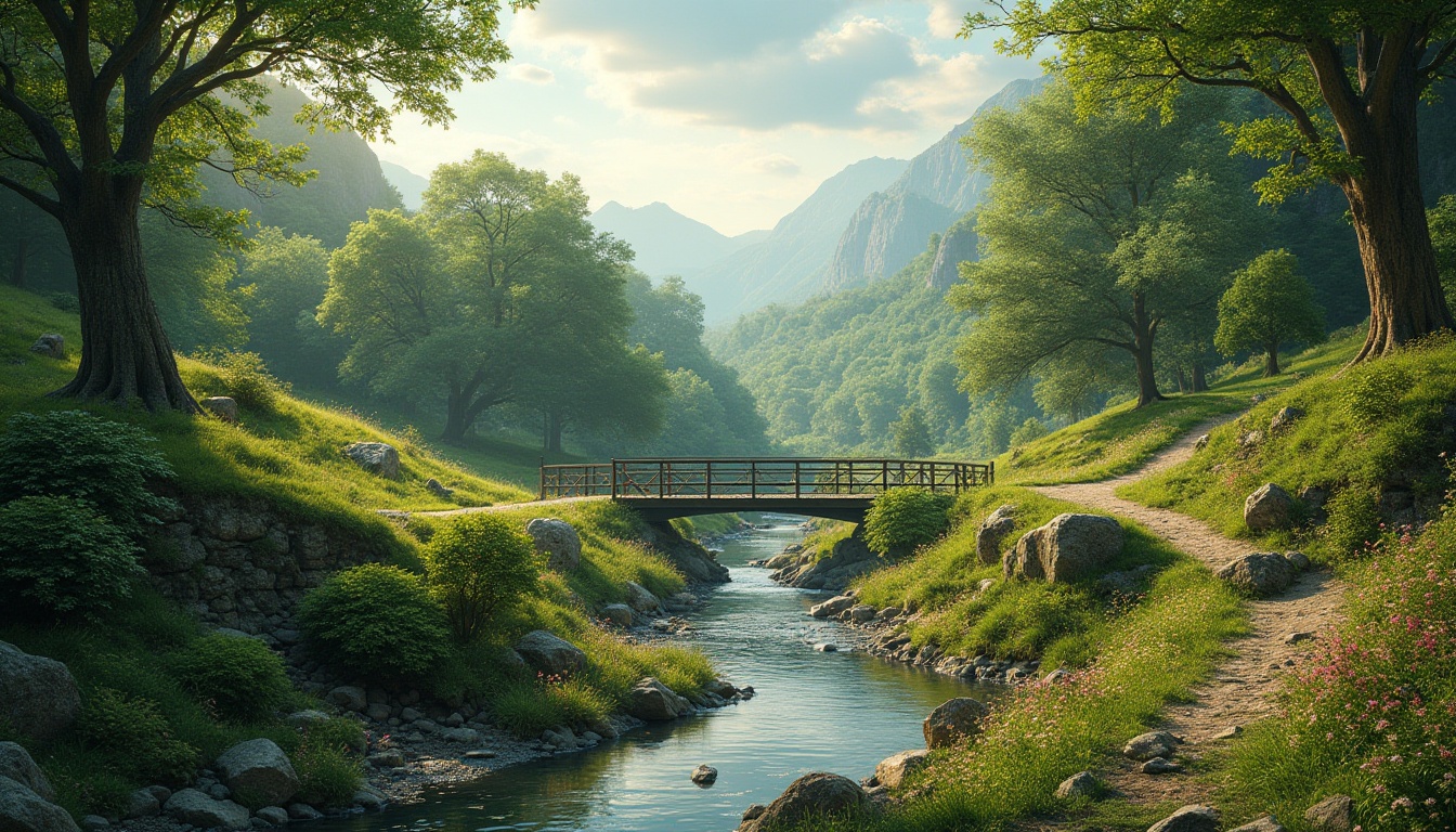 Prompt: Seamless landscape integration, lush green forests, meandering streams, rolling hills, rustic wooden bridges, natural stone walls, curved pathways, earthy tones, organic shapes, blending architecture, harmonious coexistence, native plant species, wildflower meadows, gentle breeze, warm sunlight, soft focus, shallow depth of field, 1/2 composition, atmospheric perspective, realistic foliage, subtle color grading.