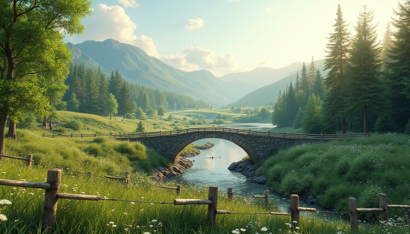 Prompt: Seamless landscape integration, harmonious blending with nature, rolling hills, serene lakes, lush green forests, meandering streams, rustic wooden bridges, natural stone walls, weathered wooden fences, wildflower fields, sunny clear skies, soft warm lighting, 3/4 composition, shallow depth of field, panoramic view, realistic textures, ambient occlusion, earthy color palette, organic forms, sustainable design, eco-friendly materials.