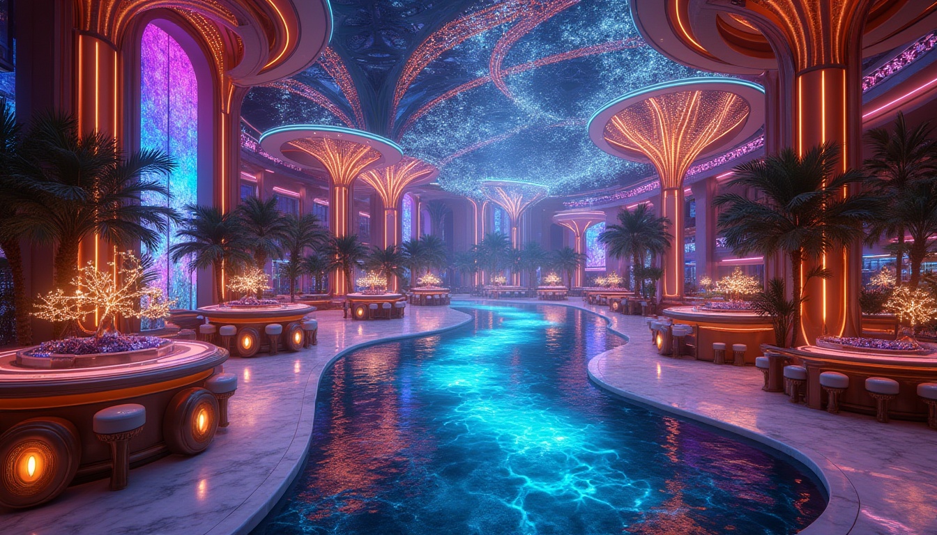 Prompt: Vibrant neon lights, ornate decorations, luxurious marble floors, grand chandeliers, lavish fountains, curved glass facades, metallic accents, futuristic LED displays, dynamic shape-shifting walls, iridescent color-changing materials, intricate mosaic patterns, bold geometric shapes, dramatic spotlights, glamorous VIP lounges, high-stakes gaming areas, bustling entertainment zones, exotic tropical gardens, misty atmospheric effects, shallow depth of field, 1/2 composition, cinematic camera angles, realistic reflections, ambient occlusion.