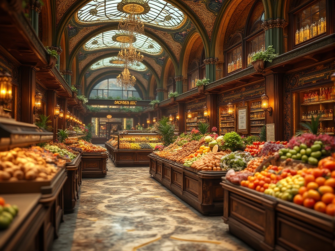 Prompt: Lavish grocery store interior, ornate Art Nouveau details, intricate organic patterns, flowing curves, elegant typography, vintage decorative tiles, warm golden lighting, rich wood accents, polished marble countertops, ornamental metalwork, stained glass ceilings, lavish flower arrangements, abundant fresh produce, colorful fruits and vegetables, rustic bread displays, antique shop fixtures, soft focus effect, shallow depth of field, 1/2 composition, realistic textures, ambient occlusion.