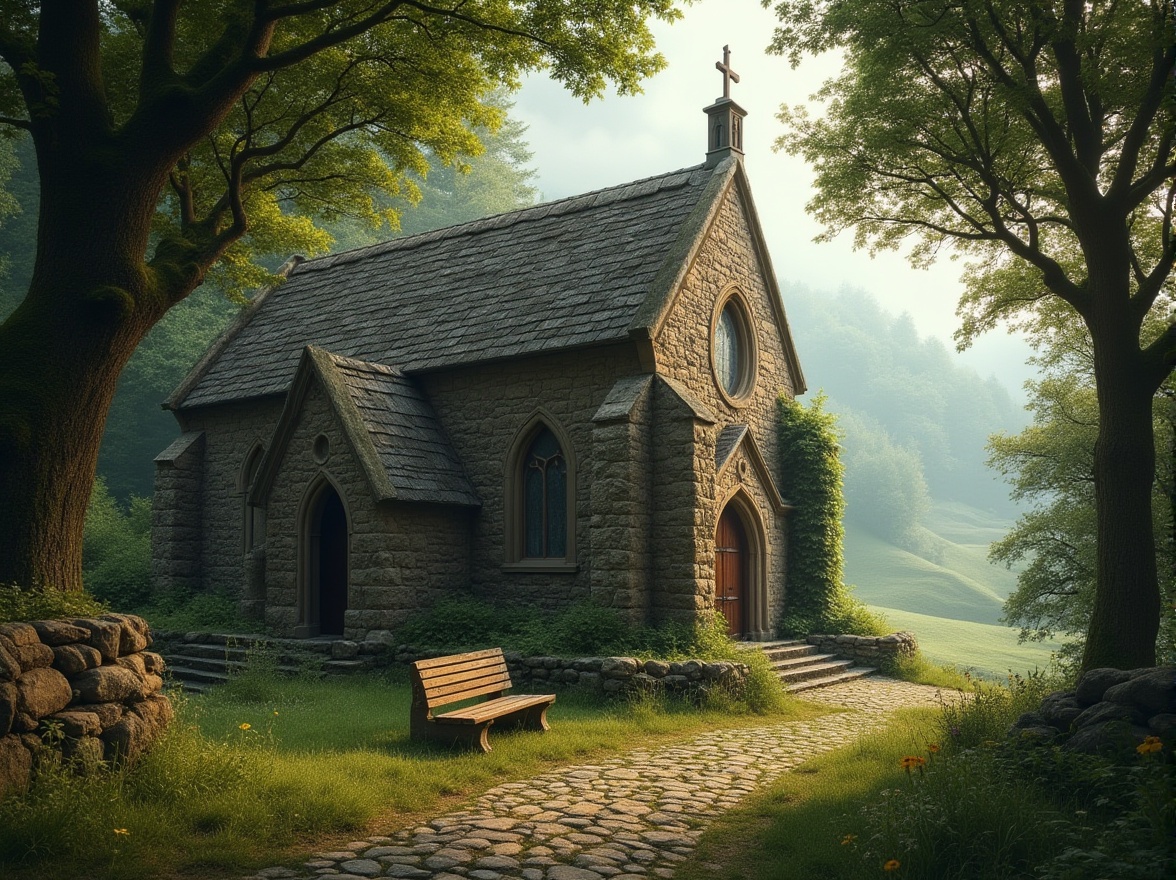 Prompt: Rustic stone church, lush greenery, overhanging trees, natural stonewalls, stained glass windows, intricate carvings, gothic architecture, serene atmosphere, soft warm lighting, misty morning, foggy surroundings, rolling hills, countryside views, meandering pathways, wildflower fields, wooden benches, ornate doorways, historic landmarks, earth-toned colors, subtle texture details, shallow depth of field, 1/1 composition, realistic rendering.