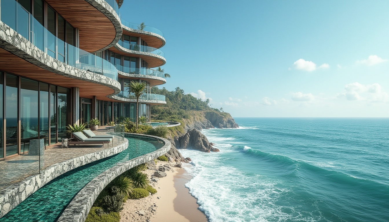 Prompt: Wave-crashing coastline, salty sea air, ocean views, modern coastal buildings, curved glass facades, iridescent blue-green tiles, weathered wood accents, nautical rope railings, shell-inspired patterns, driftwood sculptures, beachy landscaping, succulent gardens, cantilevered balconies, floor-to-ceiling windows, sliding glass doors, natural ventilation systems, solar shading devices, wind-resistant structures, reinforced concrete foundations, ocean-breeze cooling systems, 3/4 composition, shallow depth of field, realistic textures, ambient occlusion.