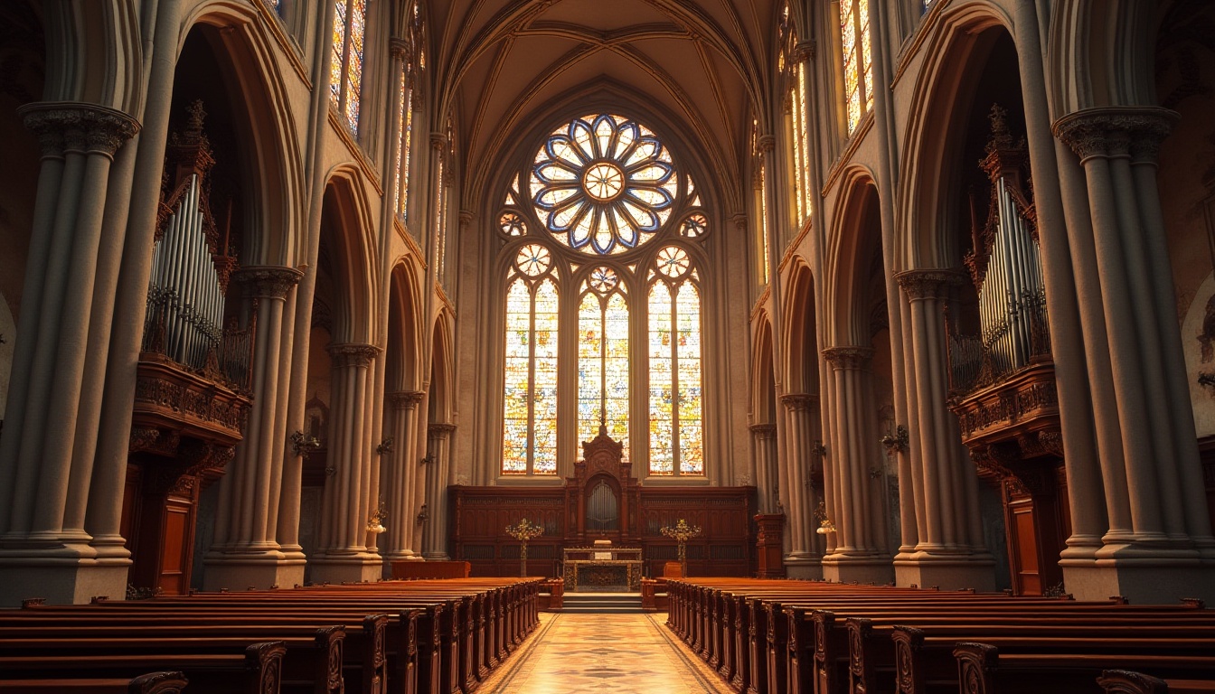 Prompt: Grand cathedral, stunning stained glass windows, vibrant holy colors, rich wood accents, ornate stone carvings, intricate frescoes, dramatic vaulted ceilings, majestic pipe organs, warm golden lighting, soft diffused illumination, 1/2 composition, atmospheric perspective, realistic textures, subtle ambient occlusion.