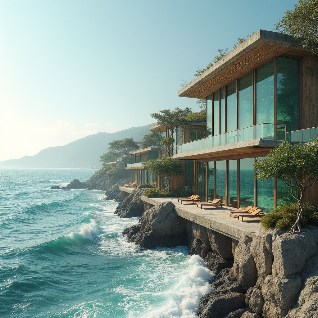 Prompt: Wave-crashing coastline, salty sea air, ocean-inspired facade, undulating waves patterns, aqua-green glass walls, weathered wooden accents, coral-like concrete textures, nautical rope details, ocean-breeze balconies, seaward-facing windows, driftwood-inspired benches, beachy stone floors, ocean-blue roof tiles, minimalist seaside architecture, sustainable coastal development, eco-friendly materials, natural ventilation systems, shaded outdoor spaces, panoramic ocean views, 1/2 composition, soft warm lighting, realistic ocean sounds.