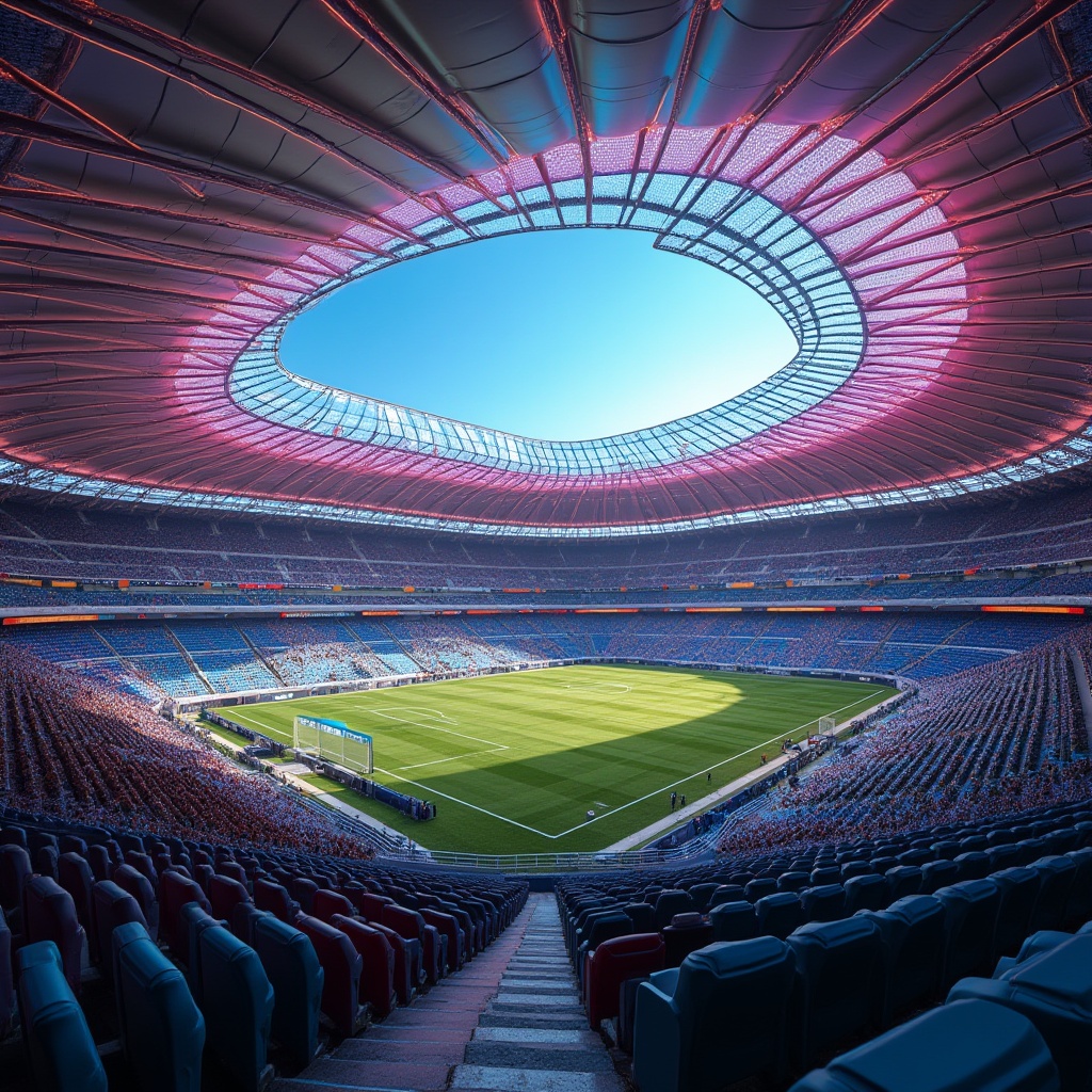 Prompt: Vibrant soccer stadium, dynamic curved lines, metallic mesh fa\u00e7ade, LED light installations, translucent glass panels, cantilevered roof structures, bold color schemes, geometric patterns, futuristic architecture, sleek angular columns, spacious concourses, atmospheric evening lighting, shallow depth of field, 3/4 composition, panoramic view, realistic textures, ambient occlusion.