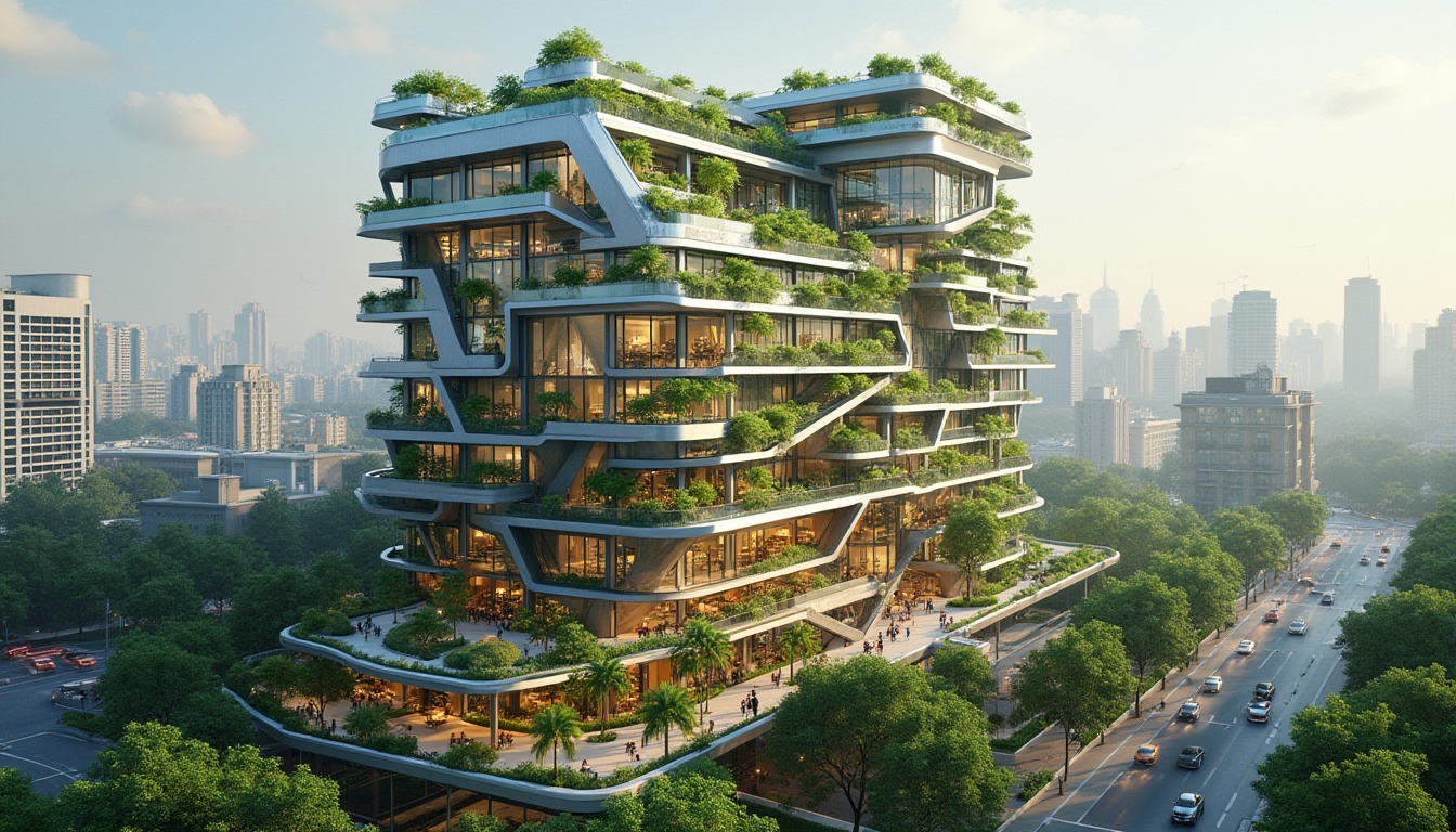 Prompt: Eco-friendly skyscraper, fusion architecture, green roofs, solar panels, wind turbines, water conservation systems, innovative cooling technologies, shaded outdoor spaces, misting systems, vertical gardens, living walls, natural ventilation, energy-efficient systems, recycled materials, minimalist design, sleek metallic fa\u00e7ades, angular lines, vibrant colorful accents, panoramic city views, high-rise urban landscape, bustling streets, modern urban lifestyle, soft warm lighting, shallow depth of field, 3/4 composition, realistic textures, ambient occlusion.