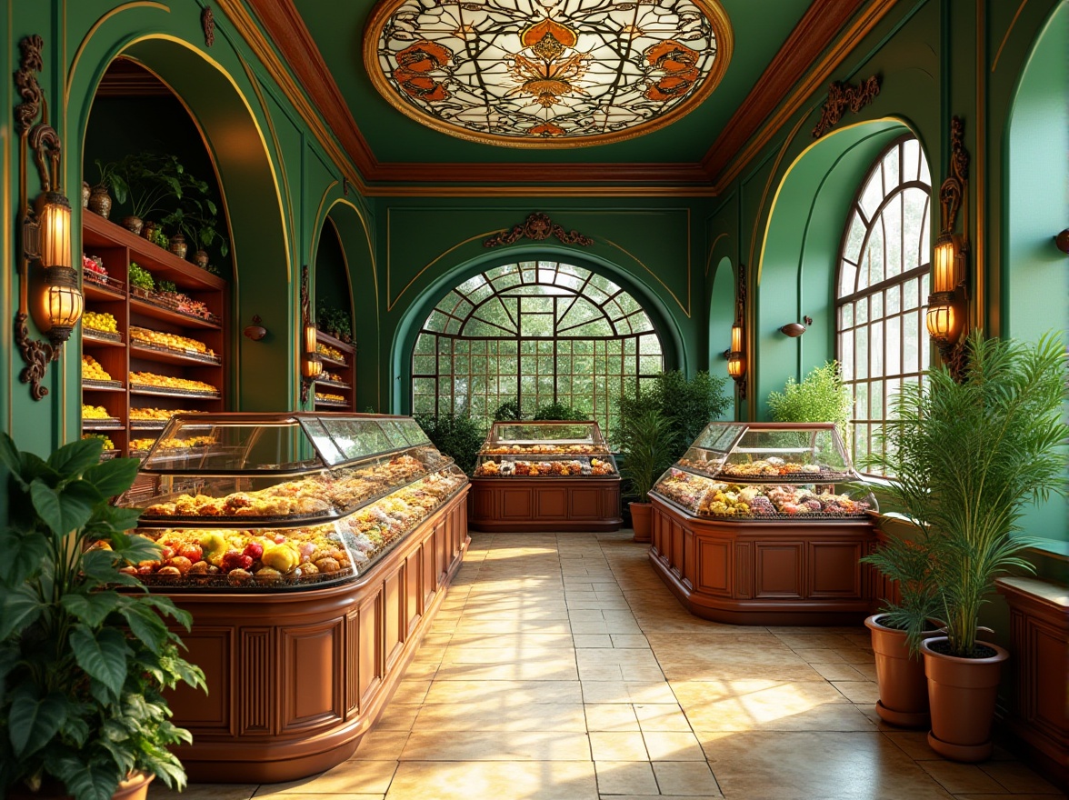 Prompt: Vibrant art nouveau grocery store, rich emerald green walls, ornate golden accents, curved wooden shelves, stained glass ceiling, warm beige floors, decorative ceramic tiles, lush potted plants, elegant typography, soft warm lighting, shallow depth of field, 3/4 composition, realistic textures, ambient occlusion.Please let me know if you need any adjustments!