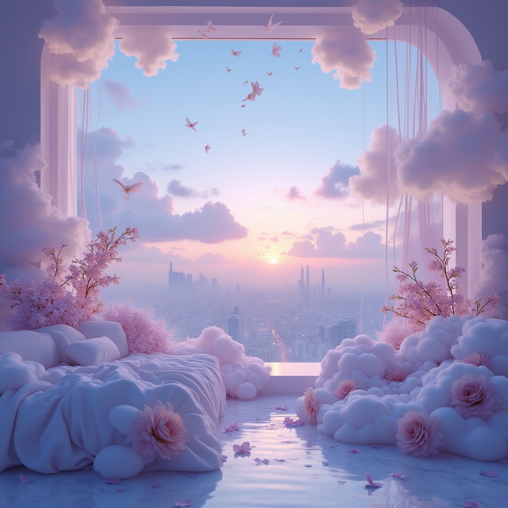 Prompt: Dreamy lavender blue hues, soft pastel colors, whimsical clouds, airy atmosphere, ethereal mist, subtle shimmer, iridescent sheen, delicate petals, intricate floral patterns, luxurious fabrics, plush textures, elegant furnishings, refined metallic accents, sophisticated lighting fixtures, modern minimalist decor, spacious open layouts, panoramic city views, serene twilight ambiance, warm golden hour glow, shallow depth of field, 1/2 composition.