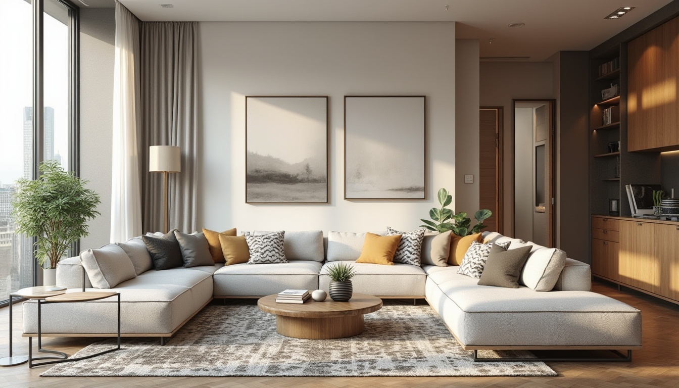 Prompt: Modern minimalist living room, sleek low-profile furniture, neutral color palette, natural wood accents, floor-to-ceiling windows, urban cityscape views, soft warm lighting, 1/1 composition, shallow depth of field, realistic textures, ambient occlusion, functional sectional sofas, geometric-patterned rugs, industrial-chic metal coffee tables, greenery-filled planters, minimalist decorative artwork, cozy reading nooks, built-in shelving units, concealed storage compartments.