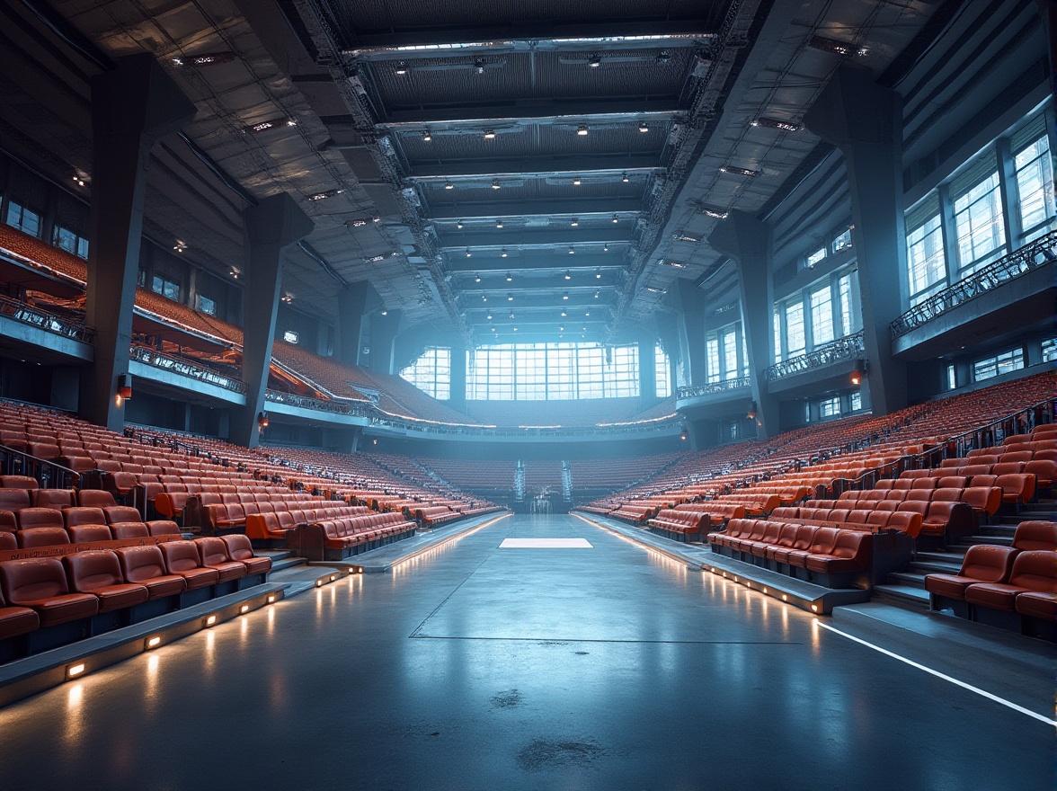 Prompt: Sleek stadium architecture, polished concrete floors, reflective glass facades, anodized aluminum panels, vibrant LED lighting, premium leather seating, rustic wood accents, durable rubber flooring, textured stone walls, metallic mesh ceilings, dynamic digital displays, panoramic views, atmospheric fog effects, shallow depth of field, 1/1 composition, realistic reflections, ambient occlusion.