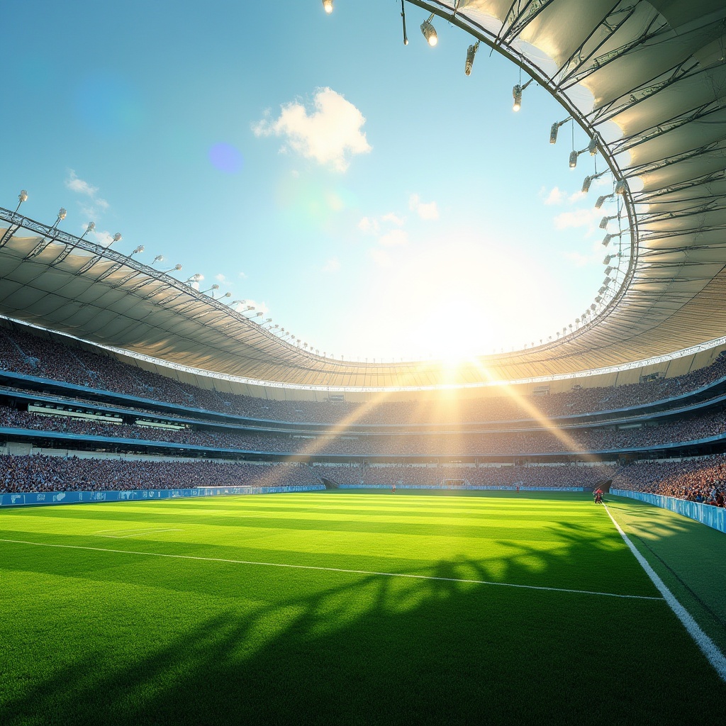 Prompt: Vibrant stadium, lush green grass, clear blue sky, warm sunny day, natural light pouring in, realistic shadows, detailed textures, ambient occlusion, 3/4 composition, shallow depth of field, soft warm lighting, enthusiastic crowd, cheering fans, energetic atmosphere, modern sports architecture, sleek lines, minimalist design, eco-friendly materials, innovative cooling technologies, shaded outdoor spaces, misting systems.