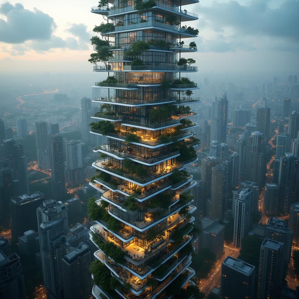 Prompt: Futuristic skyscraper, fusion architecture, sustainable design principles, green roofs, vertical gardens, solar panels, wind turbines, eco-friendly materials, recycled glass fa\u00e7ade, minimalist interior design, natural ventilation systems, optimized energy efficiency, rainwater harvesting systems, grey water reuse, advanced waste management, urban agriculture integration, biodiverse habitats, panoramic city views, dramatic nighttime lighting, cinematic atmospheric effects, 3/4 composition, shallow depth of field, realistic textures, ambient occlusion.