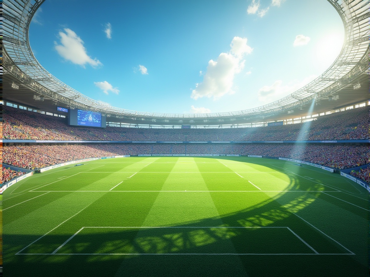 Prompt: Vibrant stadium atmosphere, lush green grass, clear blue sky, warm sunny day, soft natural lighting, gentle shadows, realistic textures, ambient occlusion, detailed character models, dynamic crowd simulations, energetic fan reactions, colorful team uniforms, sleek athletic equipment, modern scoreboard displays, shallow depth of field, 3/4 composition, panoramic view.