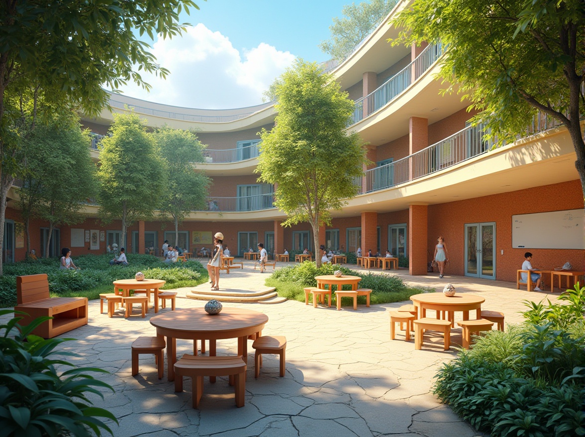 Prompt: Vibrant school courtyard, lush greenery, collaborative seating areas, interactive whiteboards, flexible learning zones, open-air amphitheaters, colorful murals, modern furniture designs, natural stone flooring, abundant daylight, soft warm lighting, shallow depth of field, 3/4 composition, panoramic view, realistic textures, ambient occlusion.