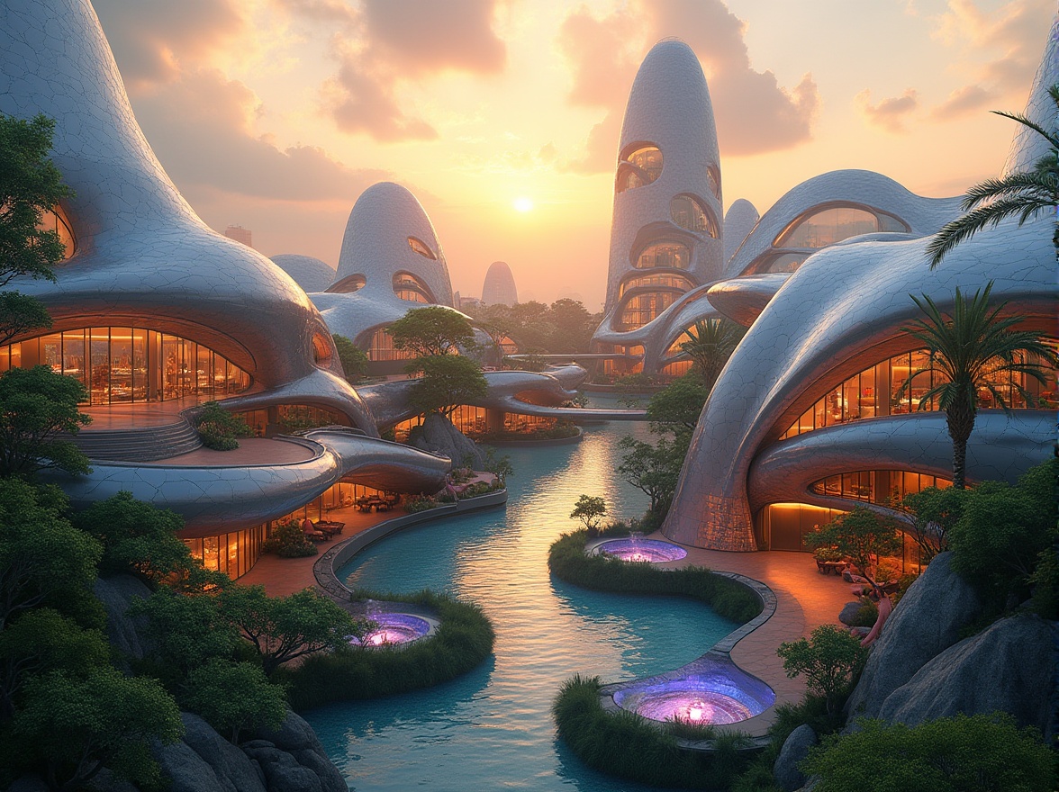 Prompt: Organic buildings, flowing curves, undulating walls, wavy roofs, futuristic architecture, sleek metallic surfaces, iridescent glass facades, neon-lit accents, vibrant color schemes, biomimetic design, sustainable materials, energy-efficient systems, lush green roofs, tranquil water features, serene natural surroundings, dramatic sunsets, warm golden lighting, shallow depth of field, 1/2 composition, dynamic camera angles, realistic reflections, ambient occlusion.