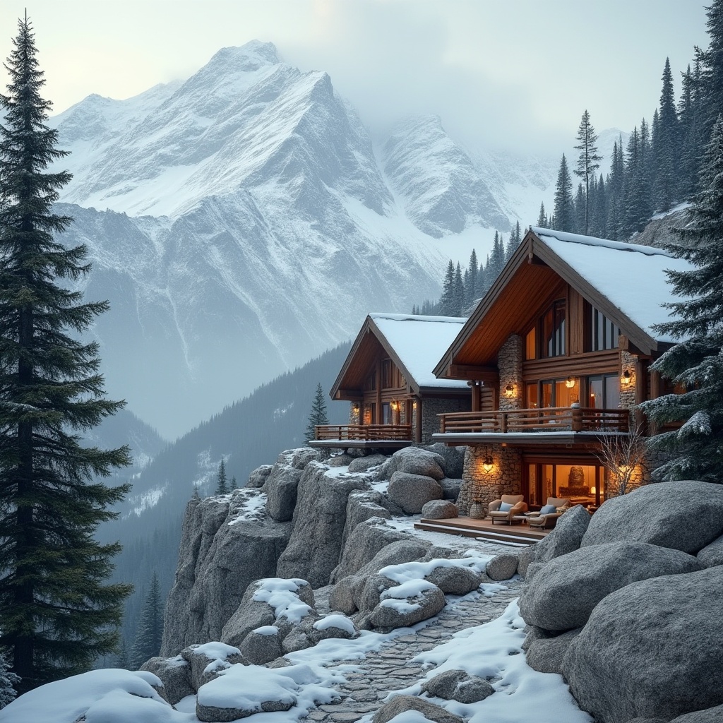 Prompt: Snow-capped mountain peaks, rugged rocky terrain, misty atmosphere, towering pine trees, wooden cabin-inspired buildings, natural stone fa\u00e7ades, earthy color palette, warm beige tones, rich brown wood accents, creamy whites, soft grays, majestic grandeur, dramatic scale, rustic charm, cozy interiors, crackling fireplaces, plush furnishings, panoramic views, cinematic lighting, 1/2 composition, atmospheric perspective, realistic rock textures, ambient occlusion.