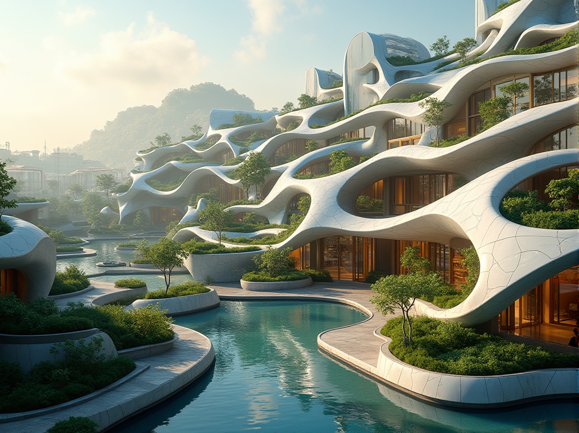 Prompt: Organic buildings, flowing curves, undulating lines, futuristic design, iridescent glass facades, shimmering metal surfaces, wavy rooflines, cantilevered structures, minimalist decor, lush green roofs, eco-friendly materials, sustainable energy solutions, solar panels, wind turbines, water conservation systems, vibrant colorful accents, intricate geometric patterns, soft warm lighting, shallow depth of field, 3/4 composition, panoramic view, realistic textures, ambient occlusion.