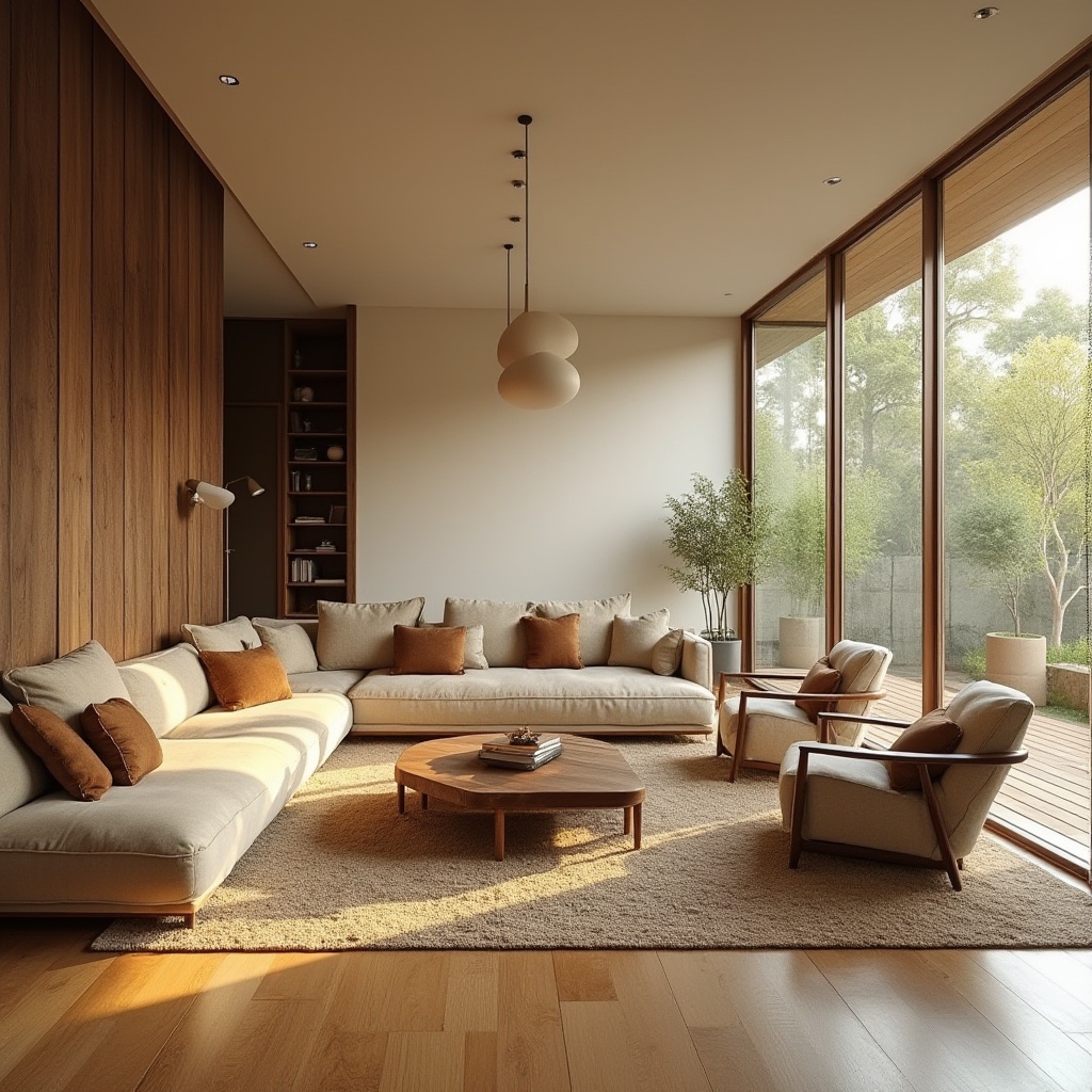 Prompt: Cozy living room, warm wooden flooring, plush sectional sofa, soft cushioned chairs, floor-to-ceiling windows, natural daylight, warm beige walls, textured rugs, minimalist decor, modern coffee table, ambient lighting, 1/1 composition, shallow depth of field, realistic textures, inviting atmosphere, comfortable seating areas, rustic wooden accents, earthy color palette, calming ambiance.