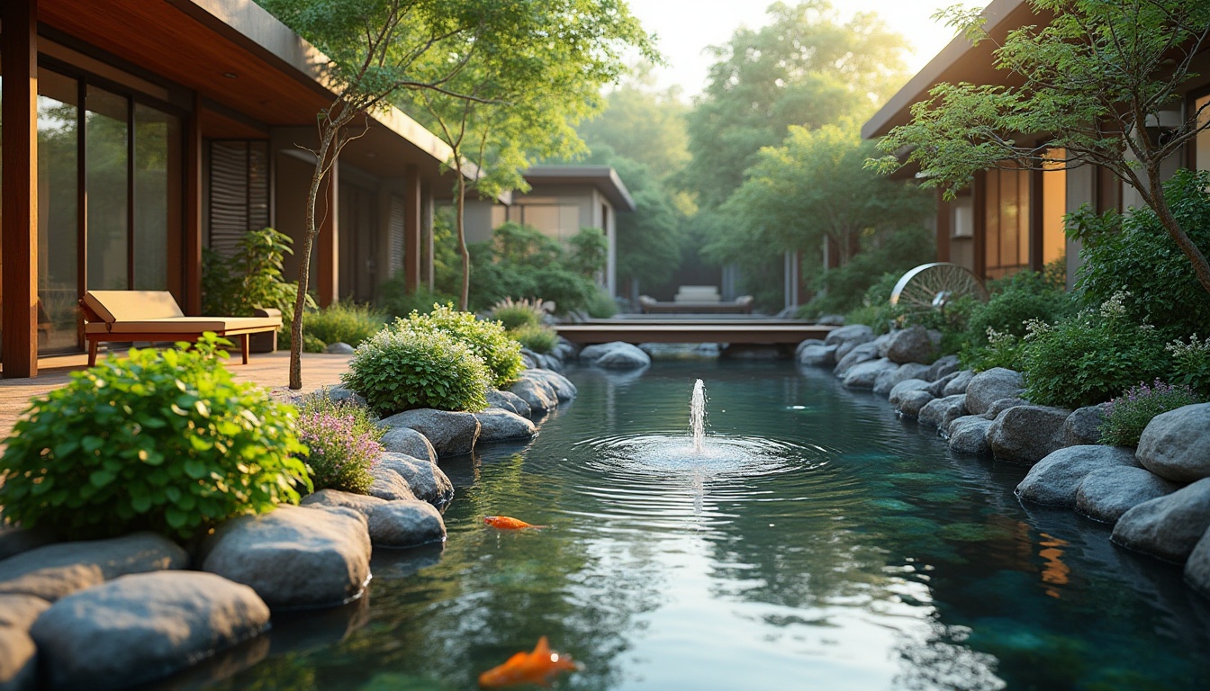 Prompt: Soothing water fountain, serene koi pond, tranquil river flow, lush greenery surroundings, vibrant flowers blooming, natural stone walkways, wooden bridges, rustic waterwheel, modern minimalist architecture, large glass windows, reflective surfaces, calm ambiance, soft warm lighting, shallow depth of field, 3/4 composition, panoramic view, realistic textures, ambient occlusion.