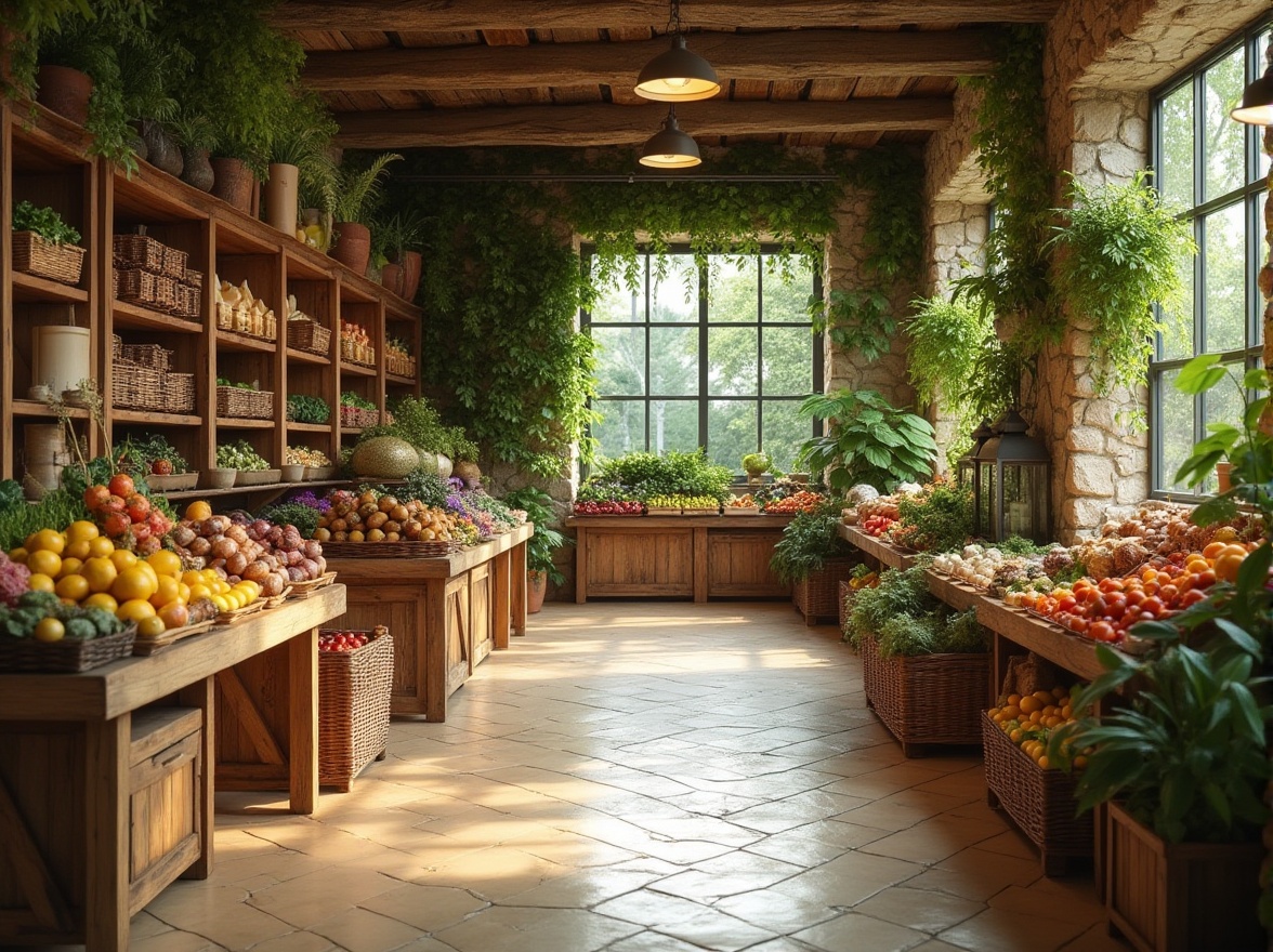 Prompt: Earthy grocery store interior, natural stone walls, reclaimed wood accents, living green walls, organic produce stands, wicker baskets, vintage metal lanterns, warm beige floors, earthy color palette, abundance of natural light, shallow depth of field, 1/1 composition, realistic textures, ambient occlusion, lush foliage, wooden crates, ceramic tiles, distressed wood shelves, rattan furniture, soft warm lighting, inviting atmosphere.