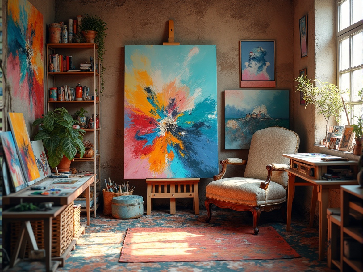 Prompt: Vibrant art studio, eclectic mix of colors, bold brushstrokes, textured canvas, artistic freedom, expressive paintings, dynamic color blocking, contrasting hues, harmonious shades, monochromatic theme, analogous color scheme, triadic color palette, warm and cool tones, natural light, soft focus, 1/1 composition, realistic textures, ambient occlusion.