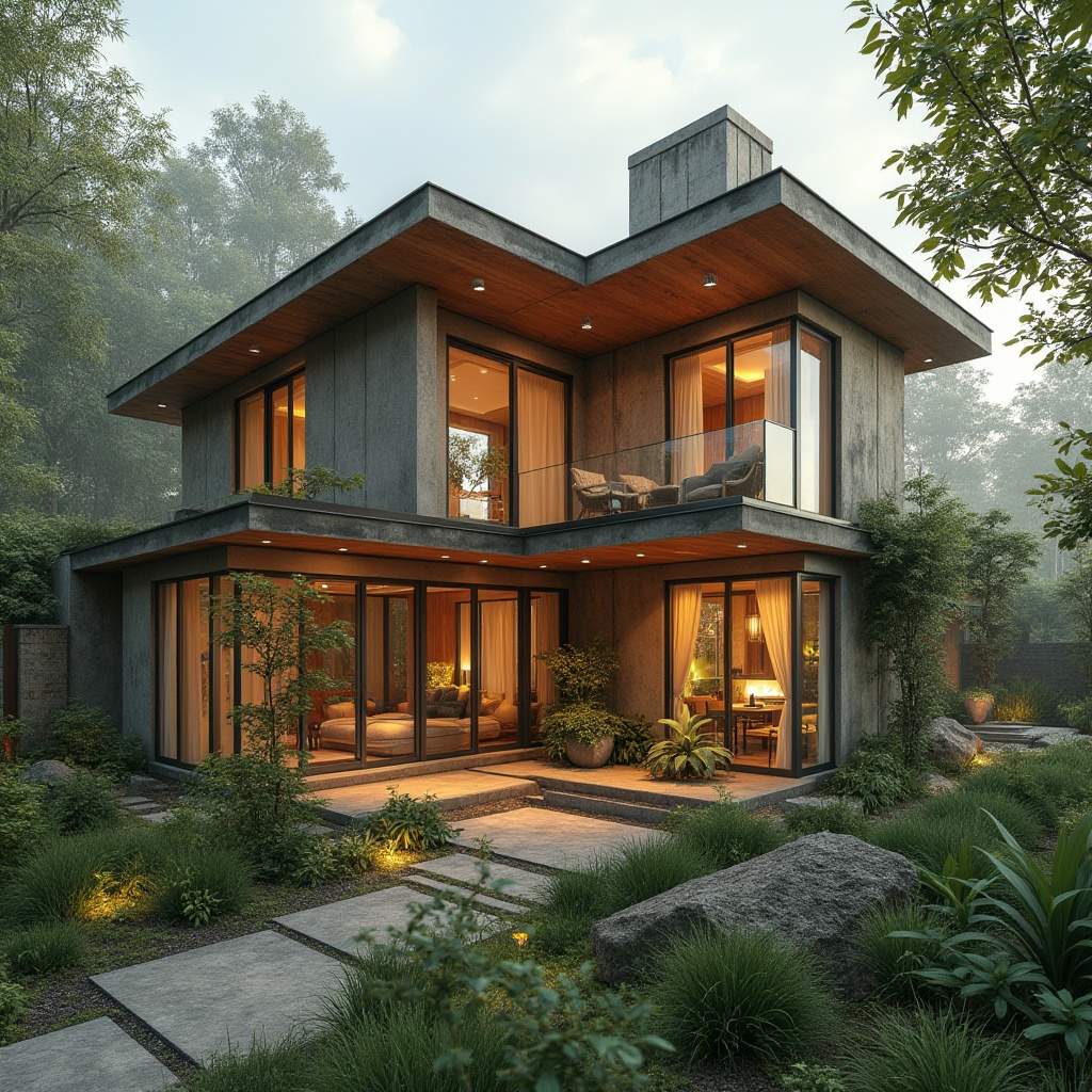 Prompt: Eco-friendly abode, reclaimed wood accents, low-carbon concrete foundations, solar-powered roofing, green roofs, rainwater harvesting systems, recycled metal beams, bamboo flooring, natural fiber textiles, organic paint finishes, energy-efficient windows, double glazing, insulated walls, living walls, urban gardening, misty morning light, soft warm ambiance, shallow depth of field, 1/2 composition, realistic textures, ambient occlusion.