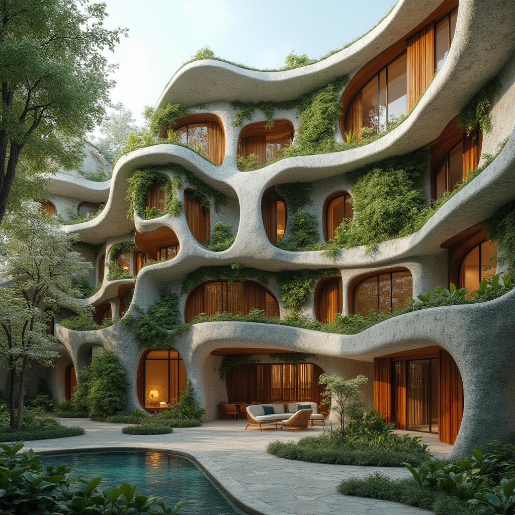 Prompt: Curved organic facade, natural stone cladding, lush green walls, biomimetic patterns, undulating rooflines, cantilevered overhangs, wooden accents, earthy color palette, sustainable materials, energy-efficient systems, solar panels, rainwater harvesting, living walls, vertical gardens, airy atriums, soft diffused lighting, warm cozy ambiance, 1/2 composition, shallow depth of field, realistic textures, ambient occlusion.