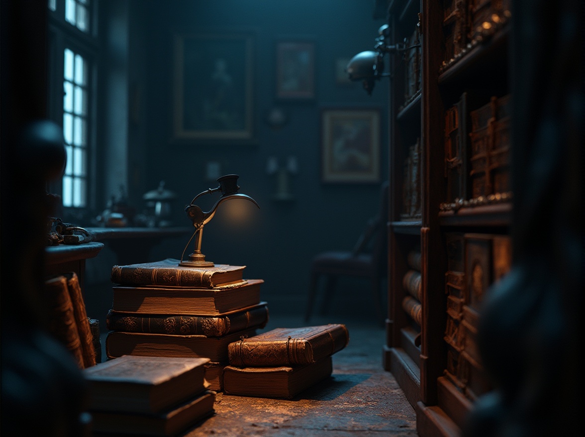 Prompt: Dark academia, mysterious atmosphere, Prussian blue accents, rich wood tones, vintage furniture, leather-bound books, ornate metal fixtures, dim warm lighting, soft focus, shallow depth of field, 1/2 composition, cinematic mood, realistic textures, subtle grain.