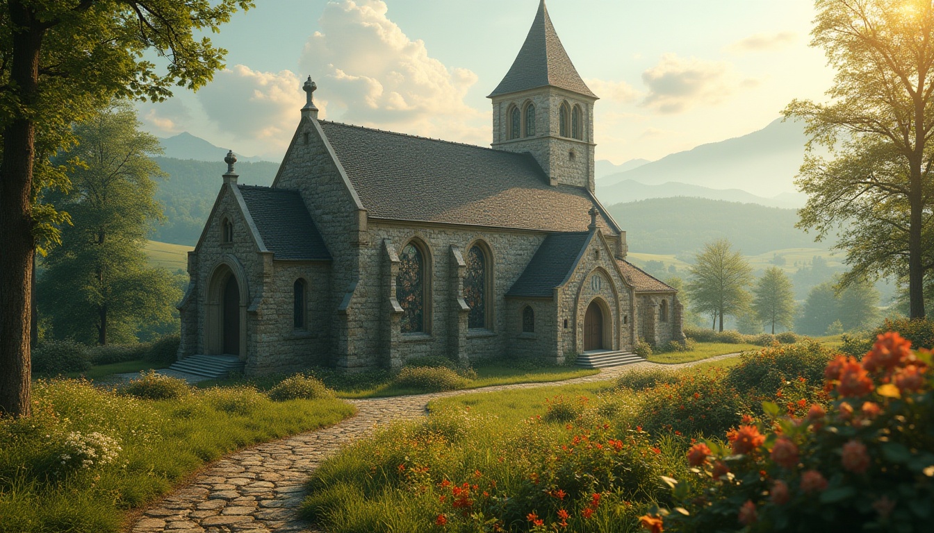 Prompt: Historic church, harmonious integration, natural surroundings, lush greenery, vibrant flowers, stone fa\u00e7ade, stained glass windows, ornate architecture, peaceful atmosphere, serene ambiance, soft warm lighting, shallow depth of field, 3/4 composition, panoramic view, realistic textures, ambient occlusion, rolling hills, scenic countryside, rural landscape, misty morning, gentle sunlight.