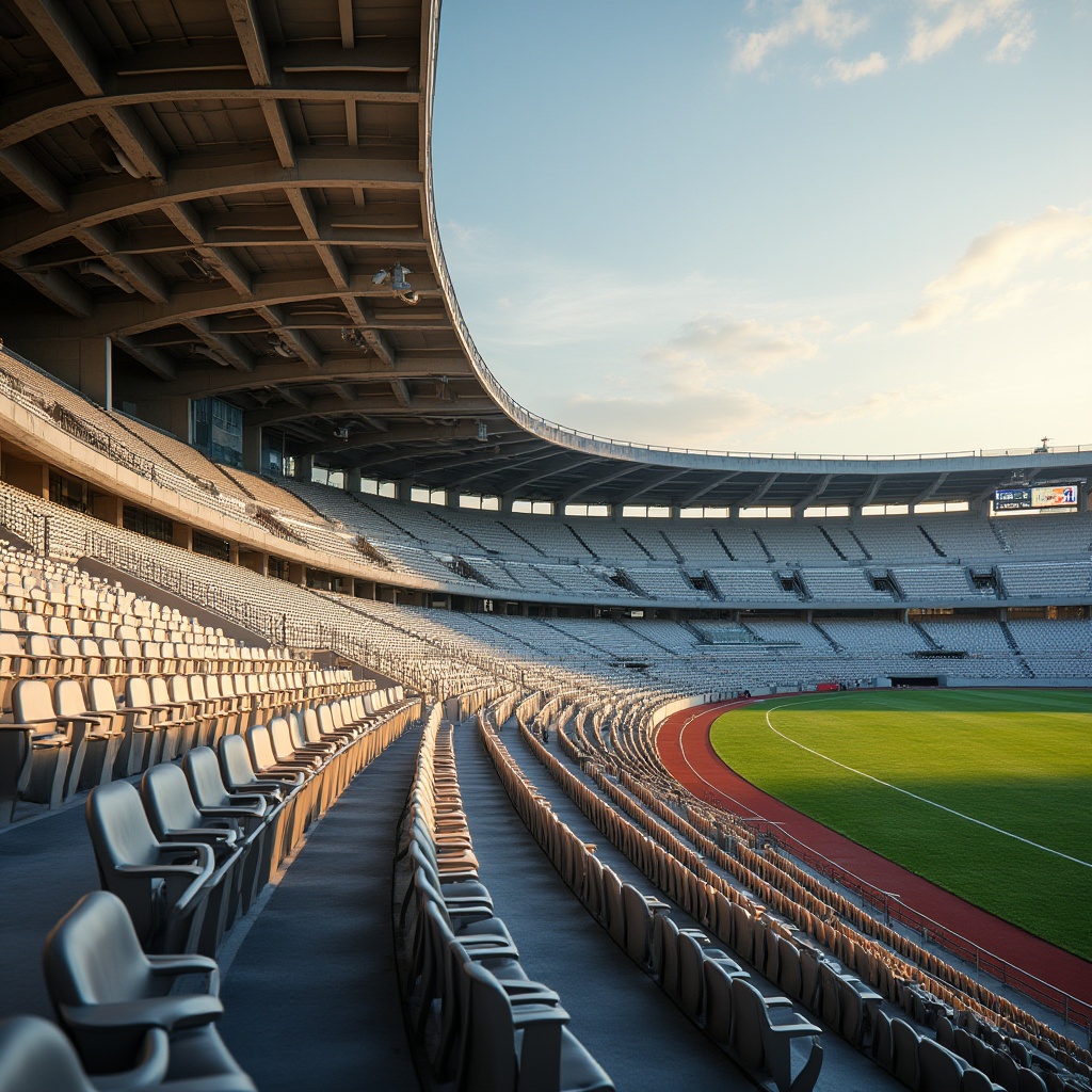 Prompt: Sleek stadium architecture, polished metal fa\u00e7ade, reflective glass surfaces, concrete columns, exposed ductwork, vibrant LED lighting, tiered seating areas, premium leather upholstery, brushed aluminum handrails, polished chrome accents, high-gloss paint finishes, textured concrete flooring, grassy athletic fields, sunny day, soft warm lighting, shallow depth of field, 3/4 composition, panoramic view, realistic textures, ambient occlusion.