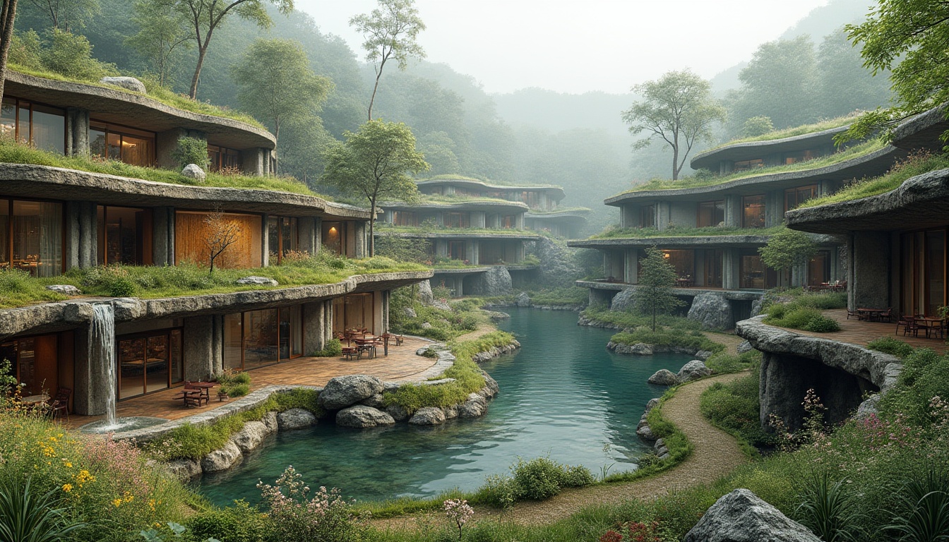 Prompt: Organic building forms, curved lines, natural stone walls, lush green roofs, cascading water features, serene ponds, walking trails, meandering paths, native plant species, wildflower gardens, weathered wood accents, rusted metal details, earthy color palette, soft diffused lighting, misty atmosphere, shallow depth of field, 1/1 composition, symmetrical balance, panoramic view, realistic textures, ambient occlusion.