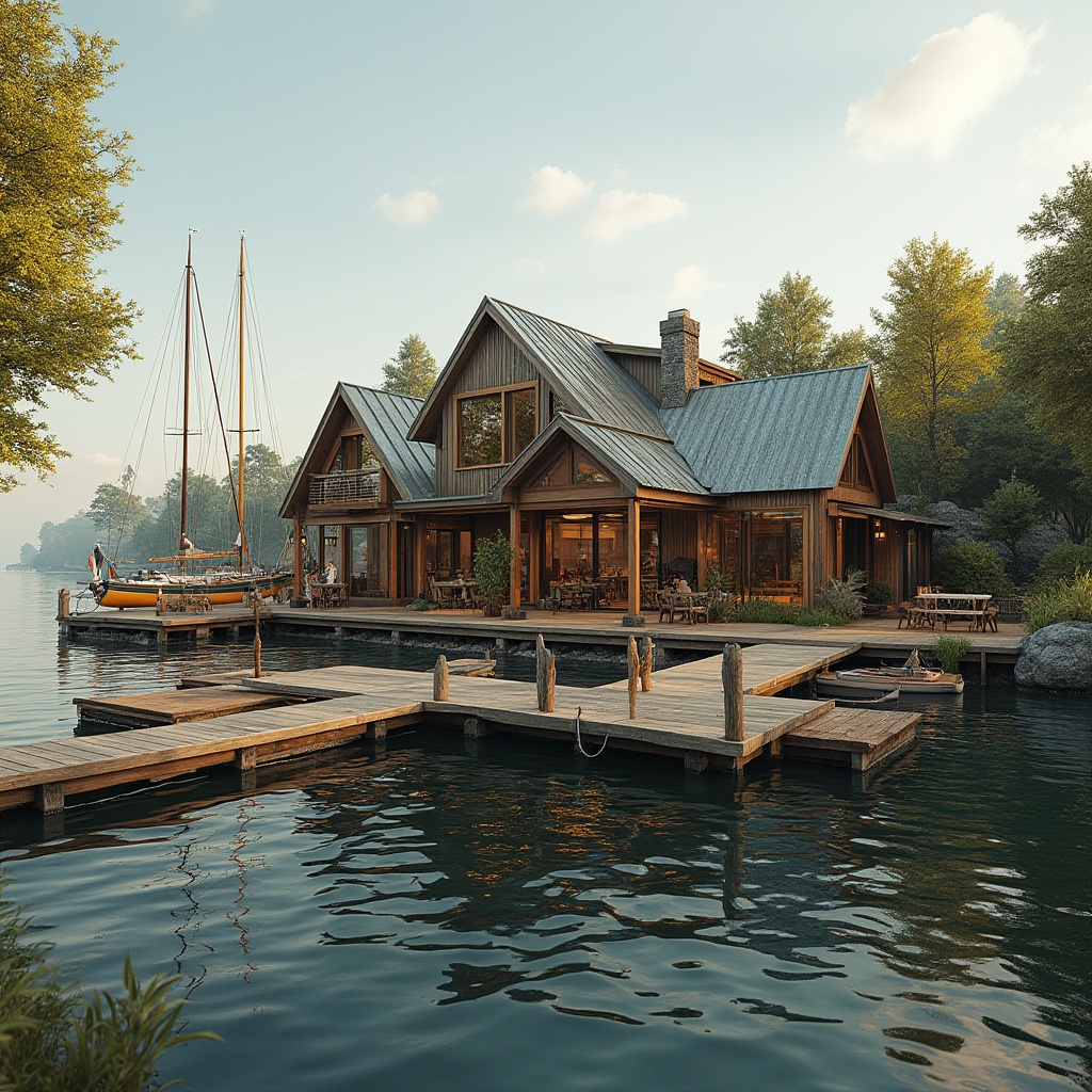 Prompt: Waterfront location, wooden dock, sailboats, eclectic boathouse, sustainable design, reclaimed wood, corrugated metal roofing, large windows, natural ventilation, solar panels, green roofs, eco-friendly materials, nautical decor, vintage boat parts, distressed finishes, earthy color palette, lush vegetation, rippling water reflections, warm golden lighting, shallow depth of field, 1/1 composition, realistic textures, ambient occlusion.