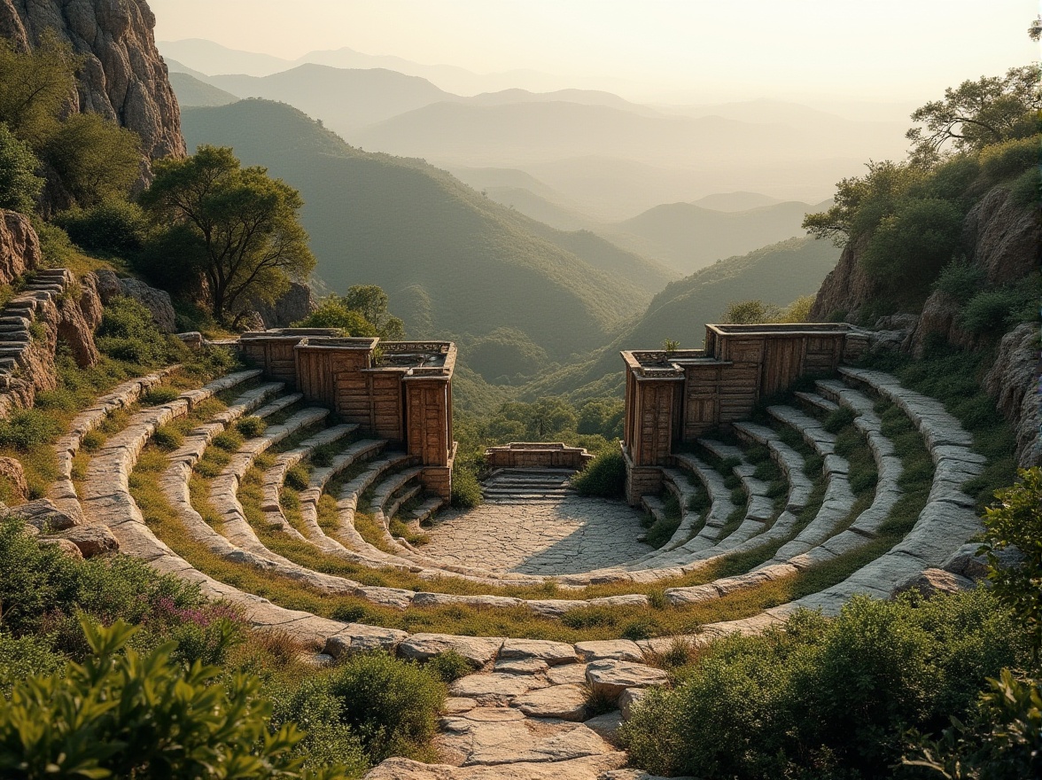 Prompt: Natural amphitheater, curved seating areas, lush greenery, native plants, meandering walkways, stone walls, rustic wooden accents, warm earthy tones, soft gradient lighting, atmospheric mist, shallow depth of field, 1/2 composition, panoramic view, realistic textures, ambient occlusion, rolling hills, distant mountain ranges, serene atmosphere, peaceful ambiance.