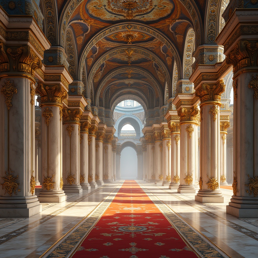 Prompt: Intricate mosaics, ornate gold accents, vibrant blue hues, rich red tones, majestic arches, grand domes, luxurious marble floors, elaborate frescoes, ornamental columns, gilded ornaments, lavish textiles, opulent drapery, warm golden lighting, soft atmospheric fog, 1/2 composition, symmetrical framing, realistic reflections, ambient occlusion.