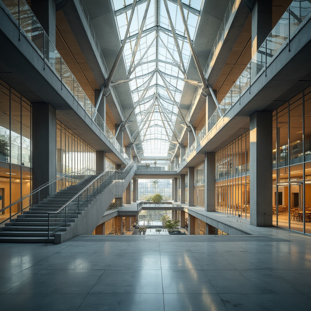 Prompt: Intricate steel beams, cantilevered roofs, minimalist columns, modernist architecture, functional simplicity, harmonious proportions, airy atriums, glass curtain walls, industrial chic aesthetics, polished concrete floors, sleek metal handrails, geometric staircases, natural light diffusion, soft warm ambiance, shallow depth of field, 3/4 composition, panoramic view, realistic textures, ambient occlusion.