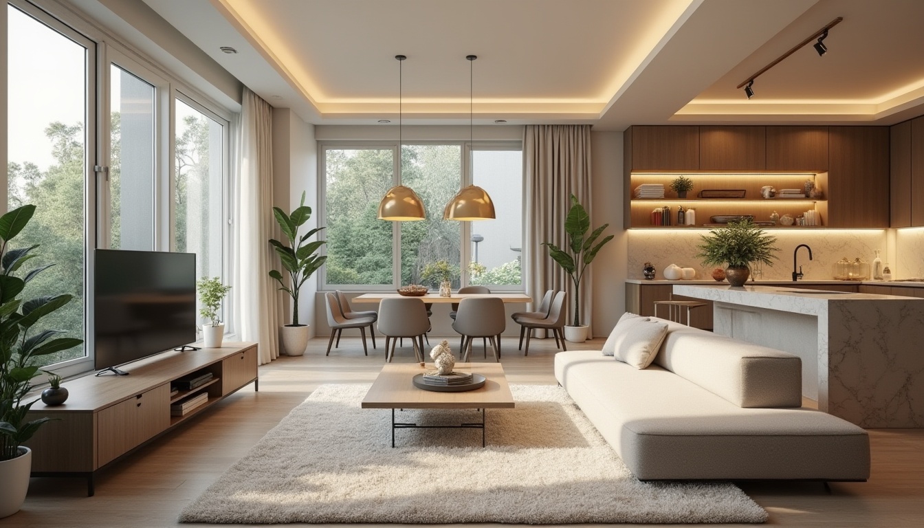 Prompt: Cozy living room, minimalist furniture, functional layout, comfortable seating area, sleek coffee table, modern TV stand, soft warm lighting, plush carpeting, cream-colored walls, large windows, natural daylight, urban loft atmosphere, open-plan kitchen, stainless steel appliances, marble countertops, ergonomic chairs, ample storage spaces, clutter-free shelves, greenery accents, air-purifying plants, subtle color palette, 1/2 composition, shallow depth of field, realistic textures, ambient occlusion.