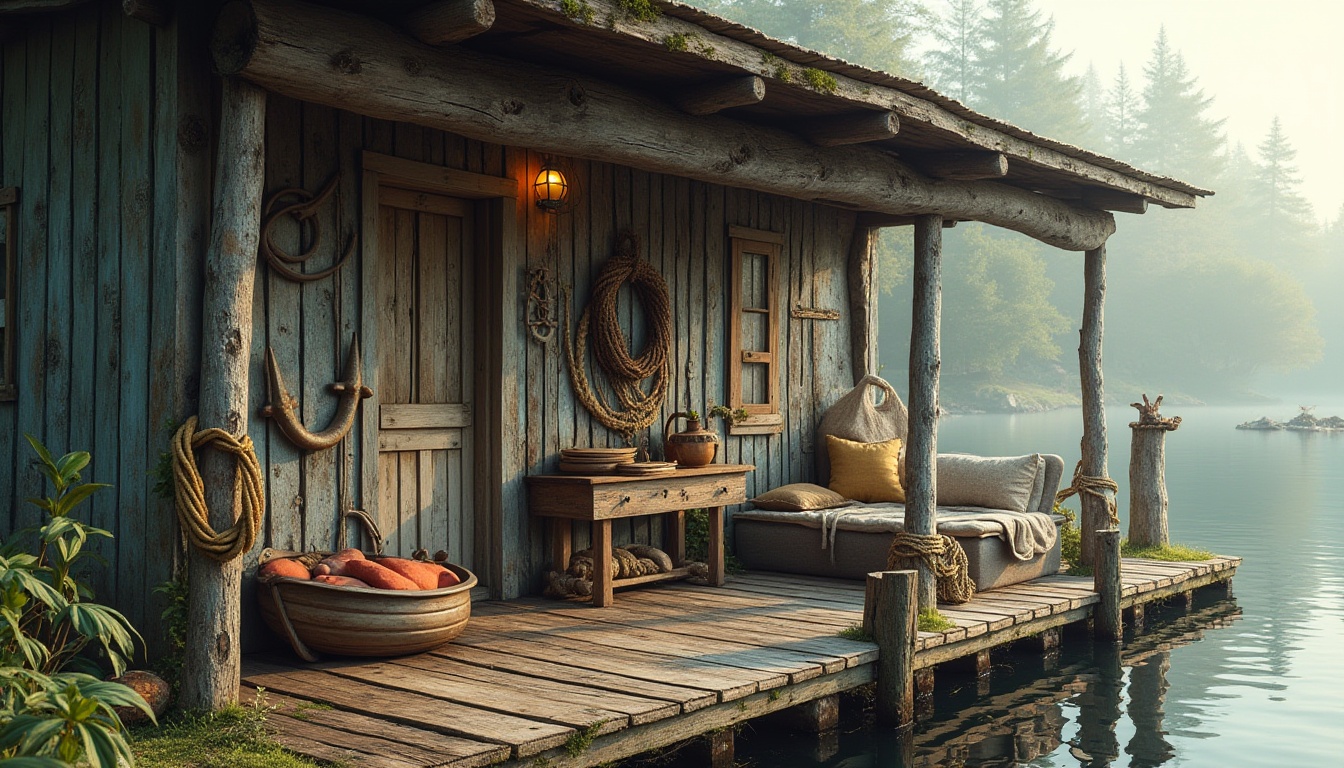 Prompt: Rustic boathouse, weathered wood accents, nautical ropes, vintage anchors, distressed finishes, earthy tones, mossy greens, sky blues, warm beiges, natural textiles, woven fibers, driftwood decor, lakefront surroundings, serene water reflections, misty mornings, soft warm lighting, shallow depth of field, 1/1 composition, realistic textures, ambient occlusion.