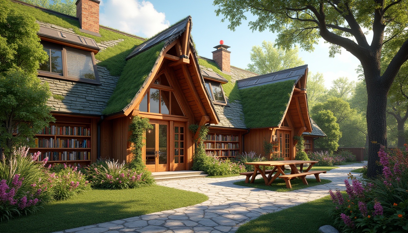 Prompt: Rustic library building, pitched green roofs, solar panels integration, natural slate tiles, wooden trusses, exposed beams, clerestory windows, abundant natural light, cozy reading nooks, earthy color palette, organic textures, curved lines, asymmetrical architecture, whimsical details, lush surrounding foliage, vibrant blooming flowers, serene atmosphere, soft warm lighting, shallow depth of field, 3/4 composition, panoramic view, realistic materials, ambient occlusion.