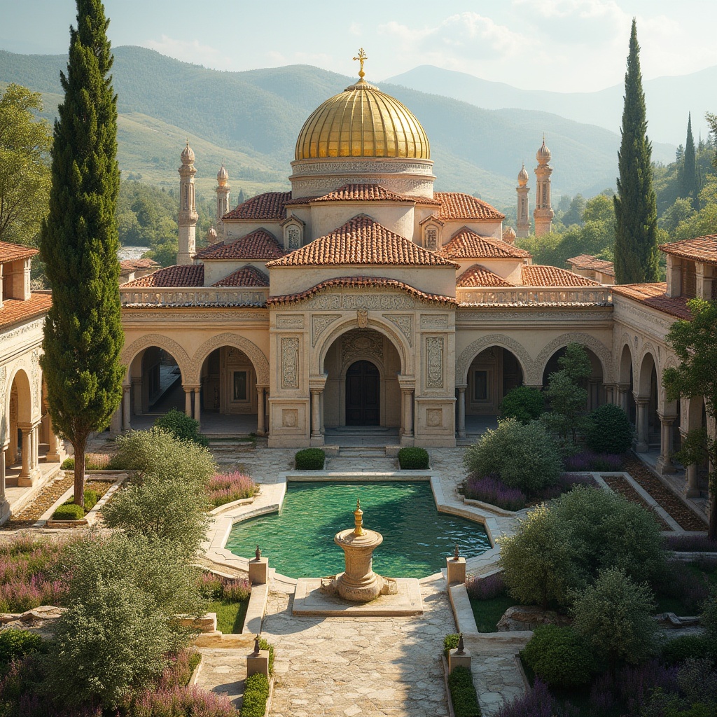 Prompt: Majestic Byzantine-style buildings, ornate stone carvings, golden domes, intricate mosaics, lush green courtyards, tranquil water features, rustic wooden accents, warm earthy tones, Mediterranean landscape, rolling hills, cypress trees, blooming lavender, sunny afternoon, soft natural lighting, shallow depth of field, 1/1 composition, symmetrical framing, realistic textures, ambient occlusion.