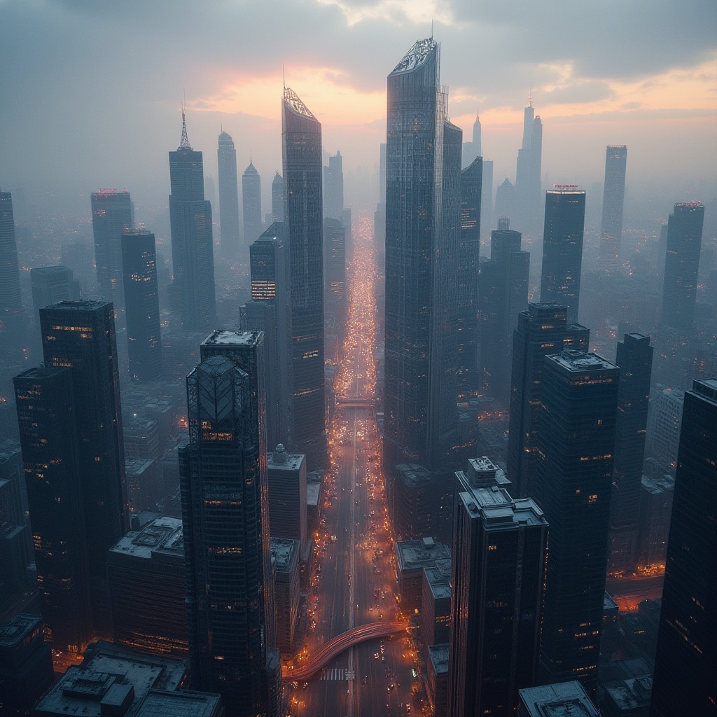 Prompt: Majestic urban skyline, sleek skyscrapers, reflective glass facades, metallic exteriors, angular rooftops, towering heights, bustling city streets, vibrant nightlife, neon lights, foggy mornings, dramatic sunsets, low-angle shots, cinematic compositions, atmospheric mist, realistic lighting, detailed textures, intricate architectural details.