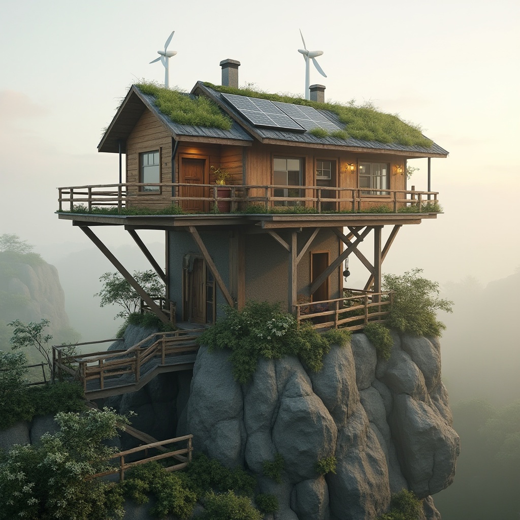 Prompt: Elevated watchtower, rustic wooden accents, reclaimed wood cladding, living green roofs, solar panels, wind turbines, recycled metal beams, low-carbon concrete foundations, natural stone walls, earthy color palette, organic textures, ambient occlusion, misty morning atmosphere, soft warm lighting, shallow depth of field, 3/4 composition, panoramic view, realistic rendering.