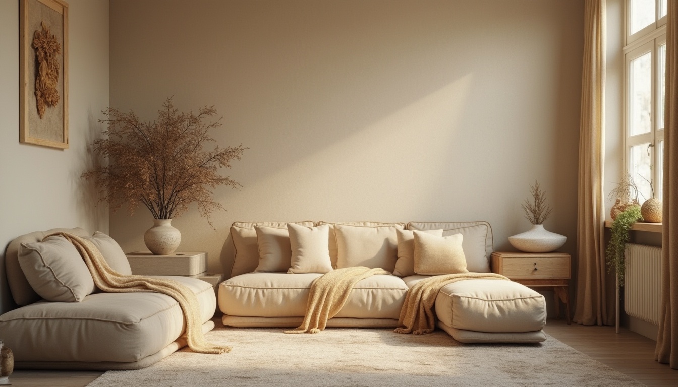 Prompt: Warm beige walls, soft gray tones, creamy whites, rich wood accents, subtle golden lighting, cozy atmosphere, intimate spaces, vintage decorative items, distressed textures, earthy color scheme, natural materials, elegant simplicity, 1/1 composition, shallow depth of field, soft focus, warm color temperature.