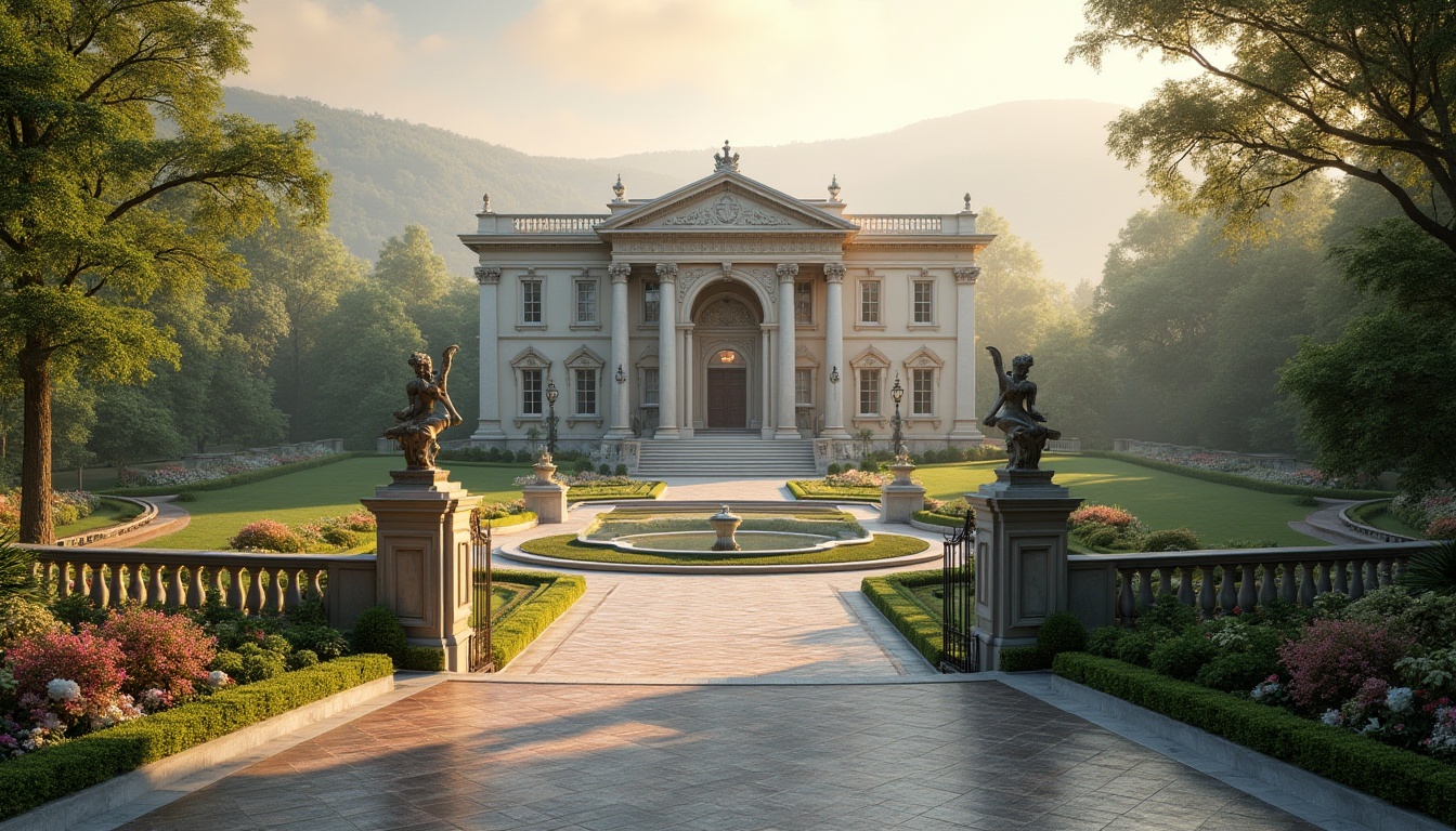 Prompt: Elegant neoclassical mansion, grand entrance gates, symmetrical fa\u00e7ade, ornate columns, carved stone details, lush greenery, vibrant flowerbeds, meandering walkways, serene water features, classical statues, rolling hills, misty morning atmosphere, soft golden lighting, 1/1 composition, atmospheric perspective, realistic textures, ambient occlusion.Please let me know if this meets your requirements!