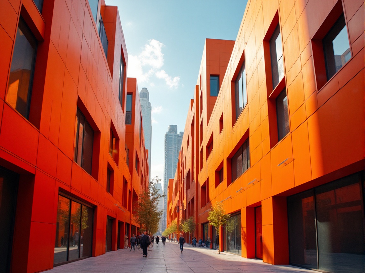 Prompt: Vibrant orange-red buildings, dynamic angular shapes, metallic materials, modern avant-garde architecture, bold color blocking, geometric patterns, abstract art installations, urban cityscape, bustling streets, warm sunny day, dramatic shadows, high contrast lighting, shallow depth of field, 3/4 composition, panoramic view, realistic textures, ambient occlusion.