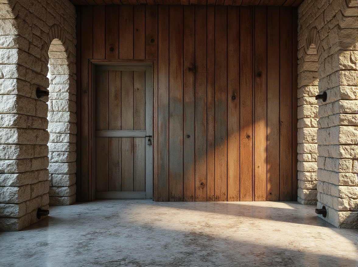 Prompt: Weathered stone walls, rustic wooden planks, distressed metal panels, rough-hewn granite floors, tactile concrete surfaces, organic natural forms, earthy color palette, richly varied textures, dramatic shadows, warm soft lighting, 1/2 composition, shallow depth of field, realistic normal maps, ambient occlusion.